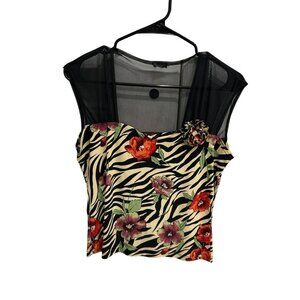 Floral Zebra Print Sleeveless Sheer Mesh Overlay Top Size PL Chic Glam